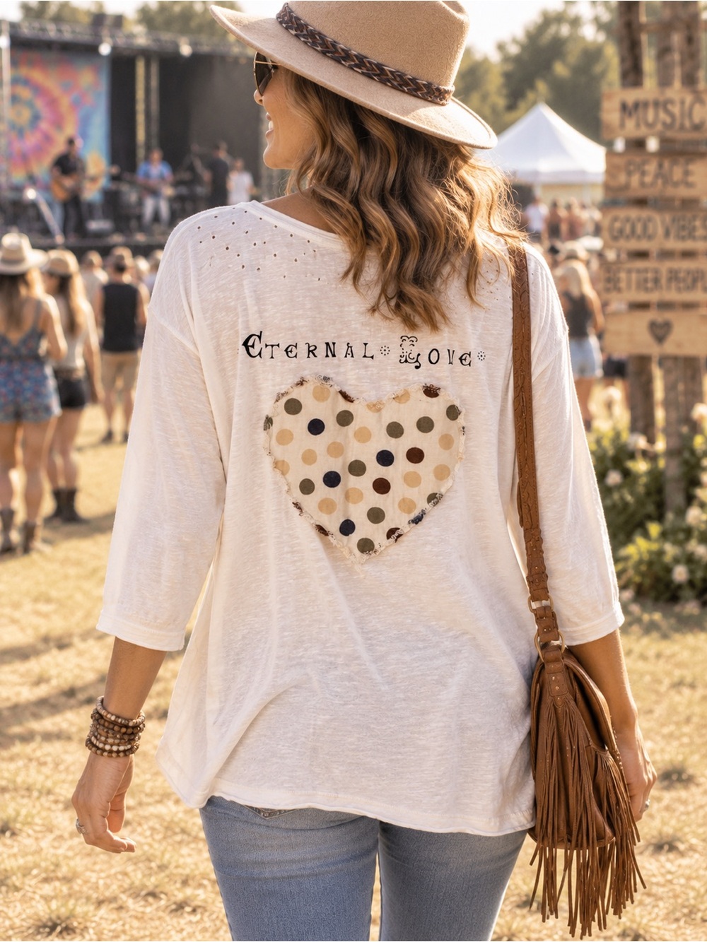 Paper Lace Cotton Graphic Scoop-Neck Top in Cream with Brown Print - Picture 2 of 6